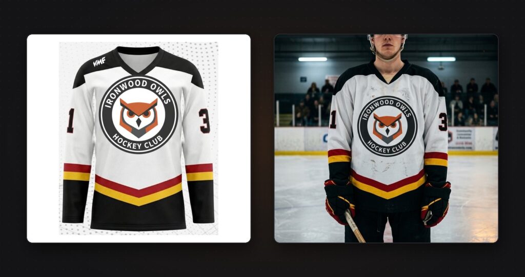 Left, a sample VMF Sportswear jersey mockup for an example team, the Ironwood Owls. Right, an illustration of the same jersey being worn on the ice.